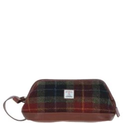 Leather X Harris Tweed Unisex Washbag Tan/Green/Red: TW-40-08-TR