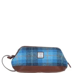 Leather X Harris Tweed Unisex Washbag Tan/LT Blue: TW-40-05-TB
