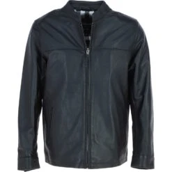 Men’s Casual Real Leather Jacket With Mandarin Collar And Hidden Zip Black: AWM-COOPER
