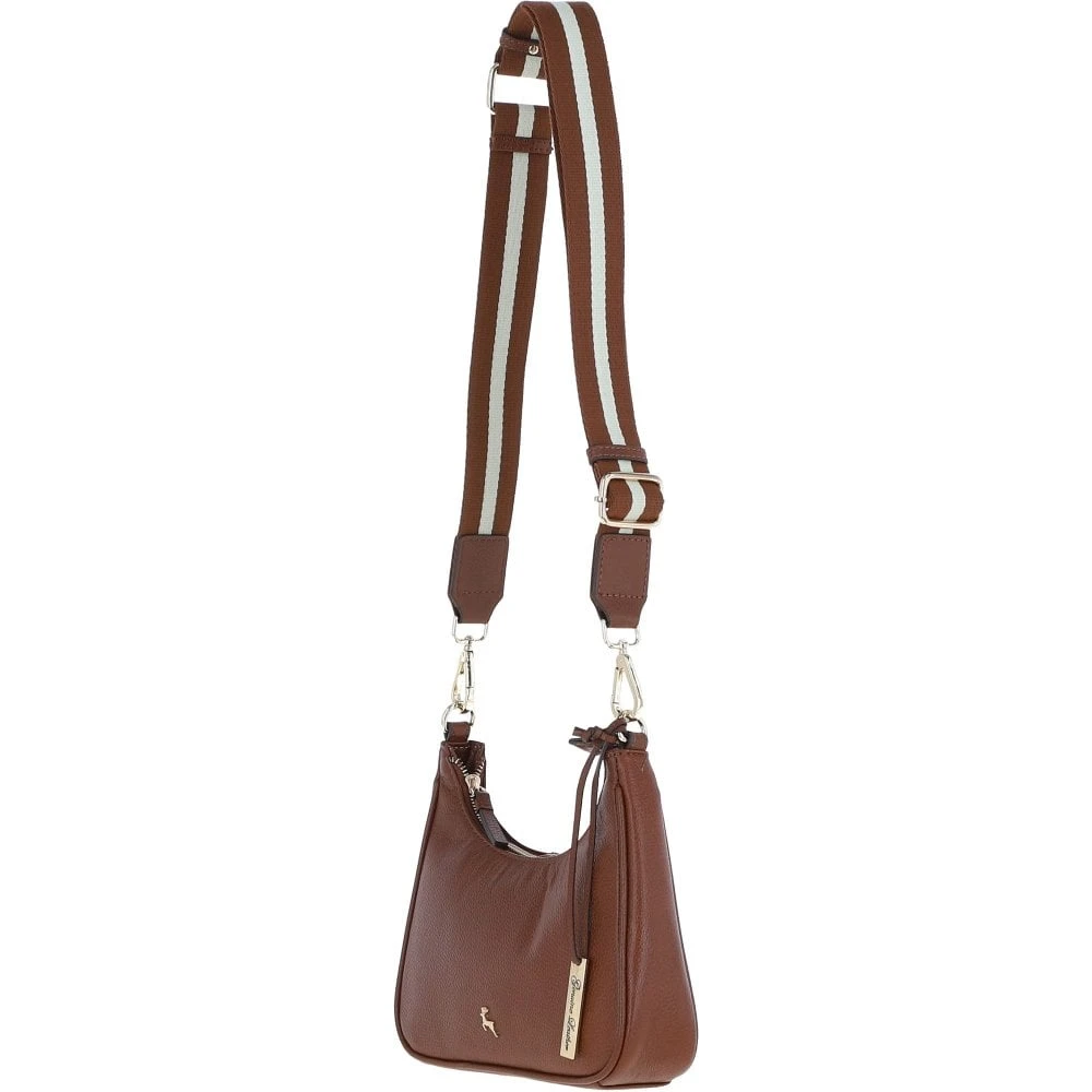 Real Leather Crossbody Bag With Webbing Strap 2 Tone Tan: 64296 - Image 2