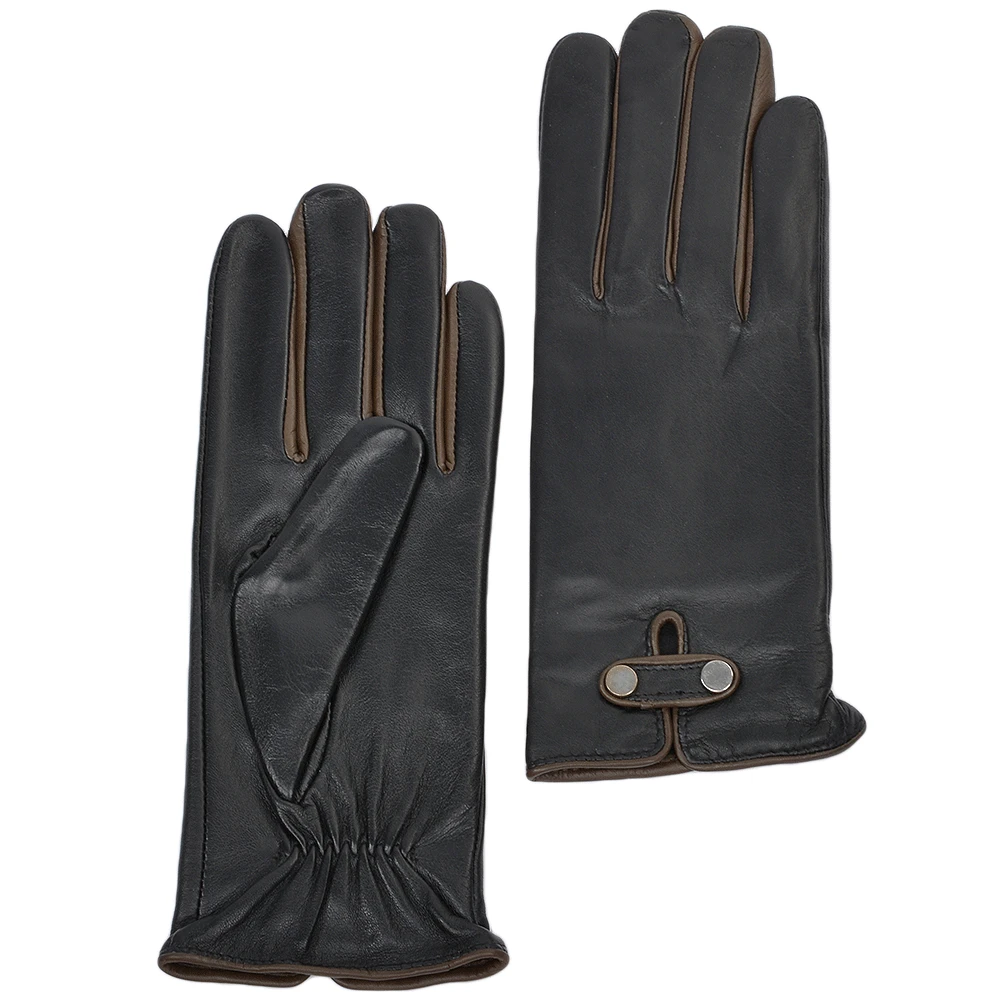 Two Tone Finger Detail Leather Gloves Black/Taupe : 007