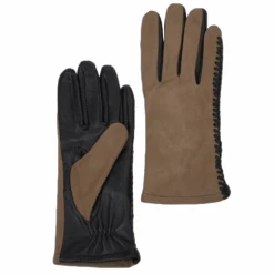 Two Tone Suede And Leather Gloves With Leather Woven Stitch Detail Black/Taupe : 343