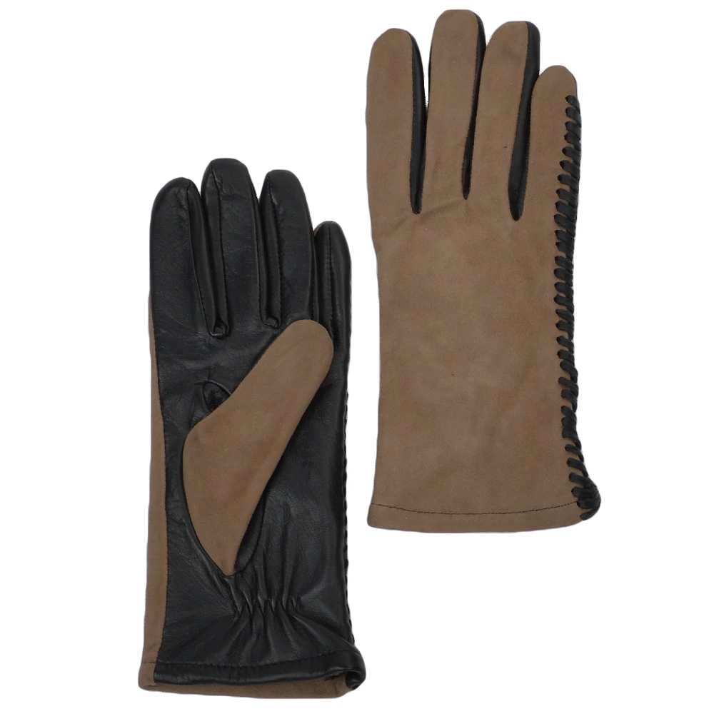 Two Tone Suede And Leather Gloves With Leather Woven Stitch Detail Black/Taupe : 343