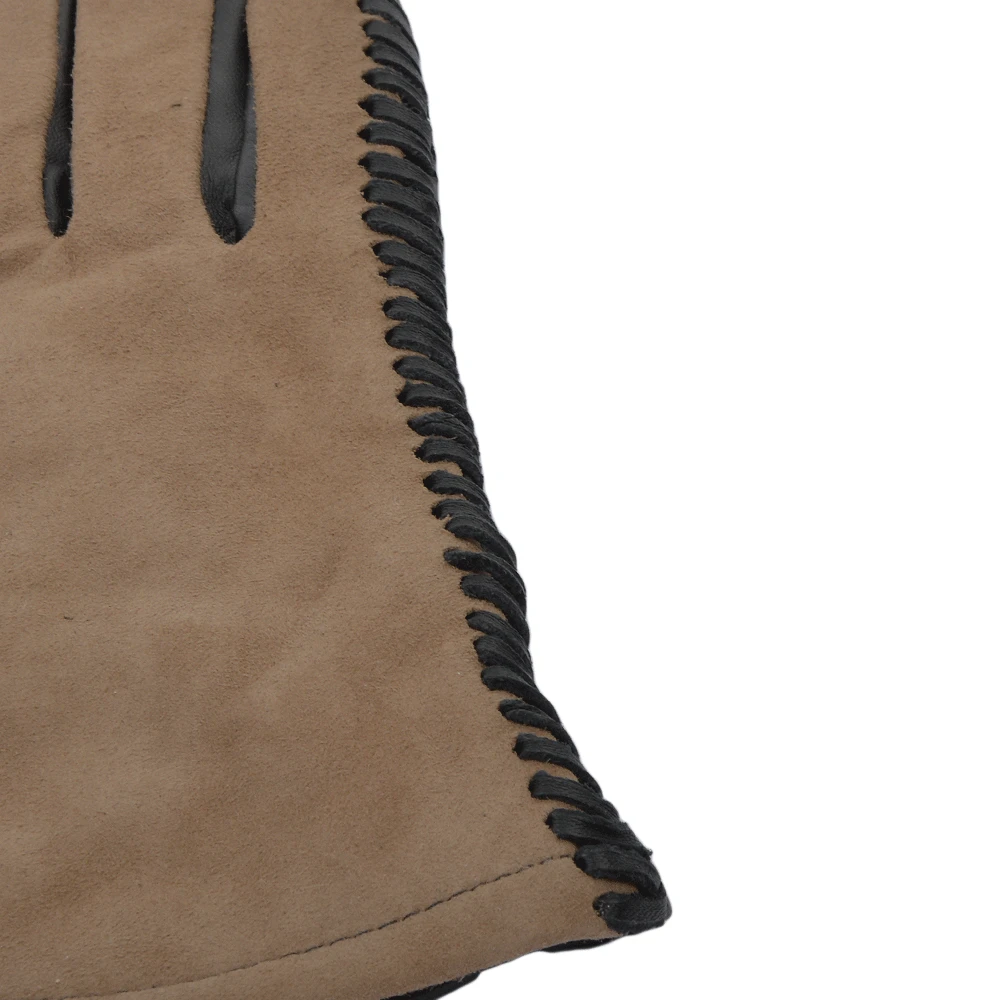 Two Tone Suede And Leather Gloves With Leather Woven Stitch Detail Black/Taupe : 343 - Image 2