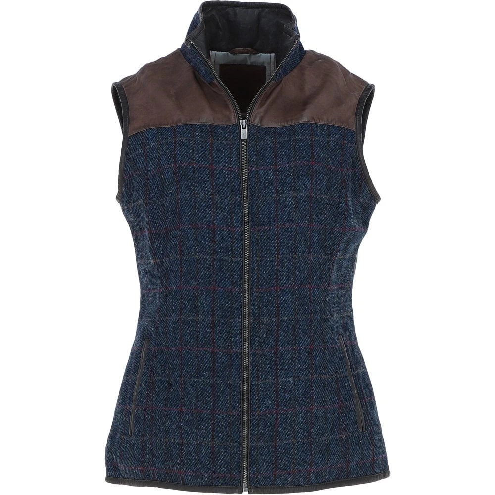 Women's Country Tweed Check Waistcoat With Leather Trim Brown/Navy: TW-702-11-BN