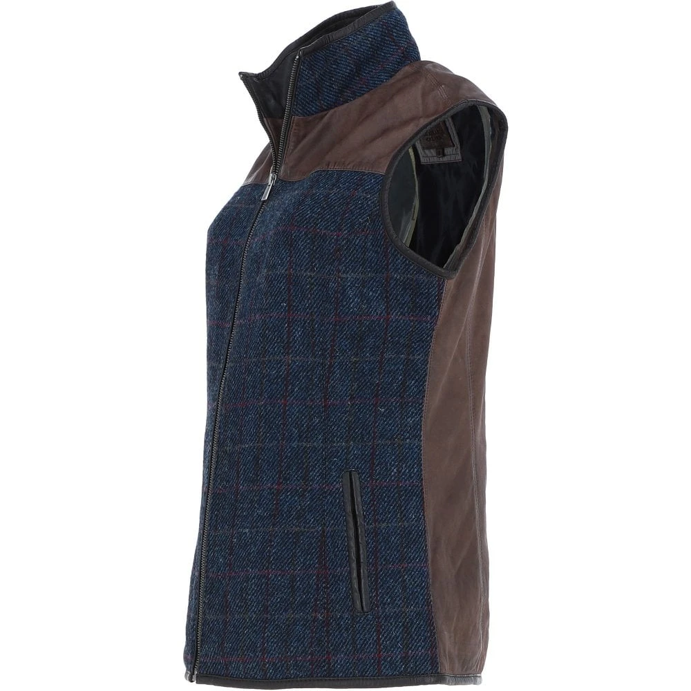 Women's Country Tweed Check Waistcoat With Leather Trim Brown/Navy: TW-702-11-BN - Image 2