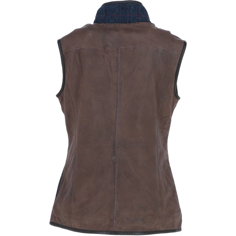 Women's Country Tweed Check Waistcoat With Leather Trim Brown/Navy: TW-702-11-BN - Image 3