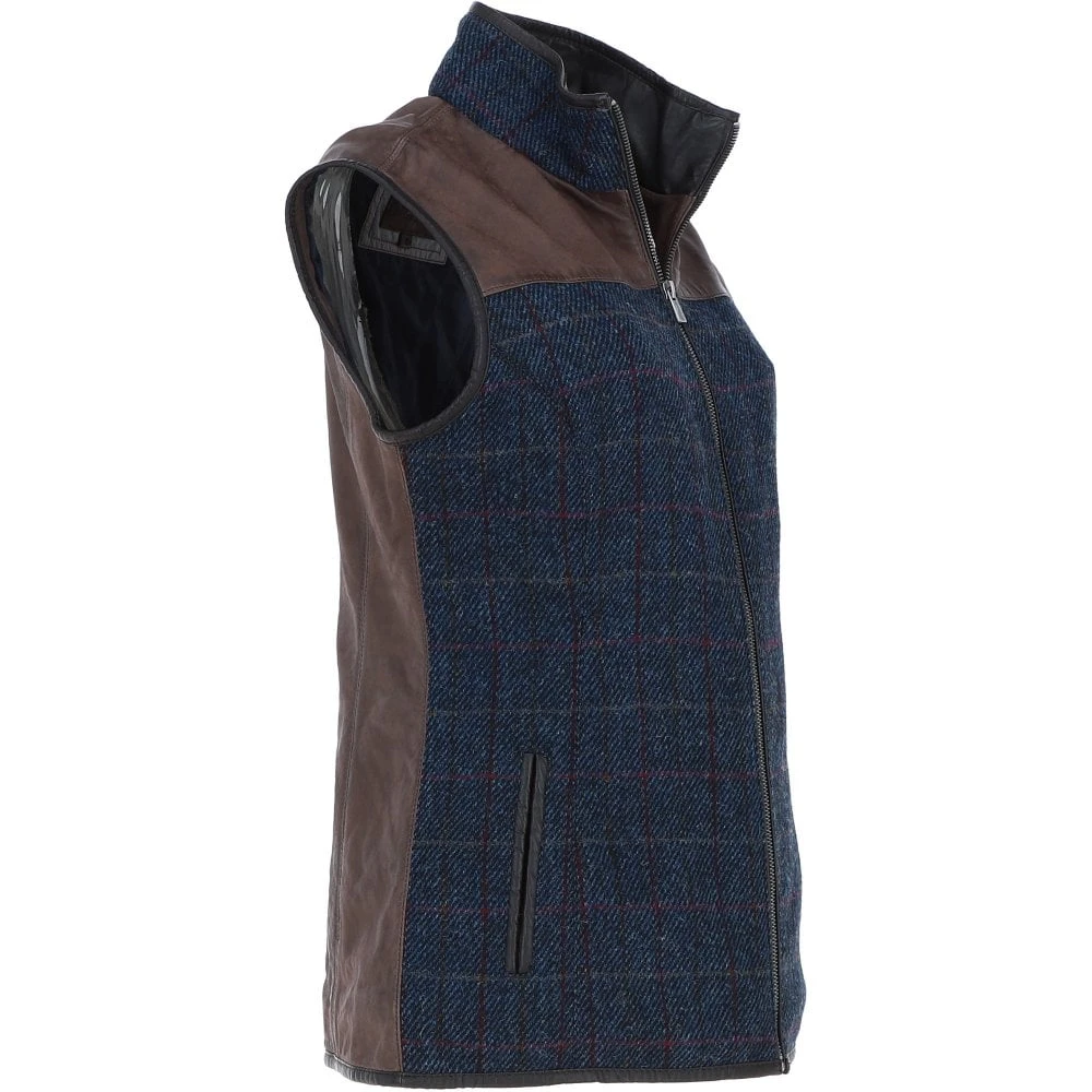 Women's Country Tweed Check Waistcoat With Leather Trim Brown/Navy: TW-702-11-BN - Image 4