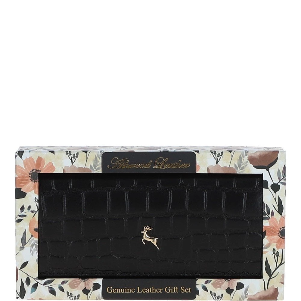 Womens Croc 7 Card Large Leather Purse Black: C-05