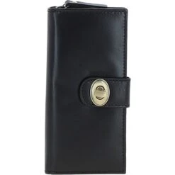 Women's Leather Long Purse With Turnlock, Zip Pocket & Card Slots Black: V-91