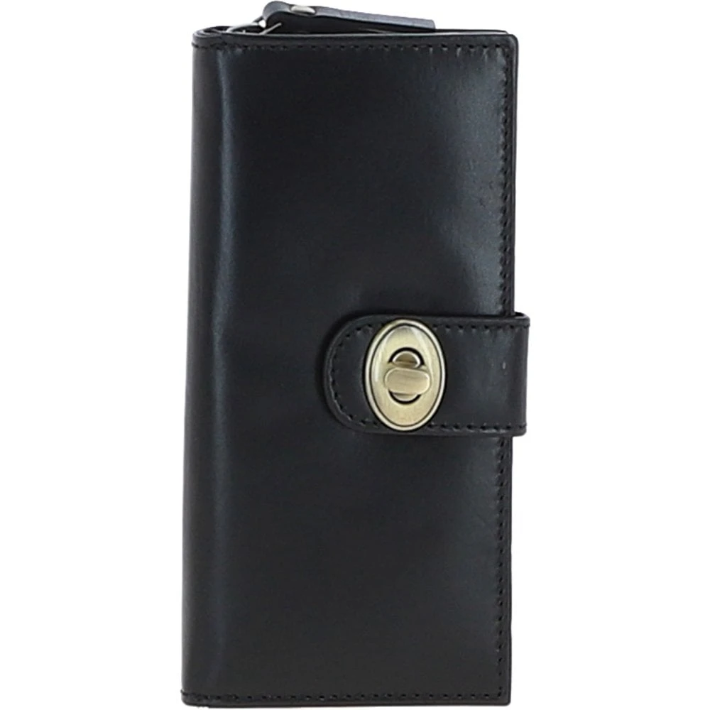 Women's Leather Long Purse With Turnlock, Zip Pocket & Card Slots Black: V-91