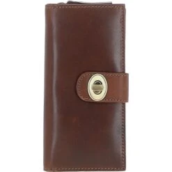 Women's Leather Long Purse With Turnlock, Zip Pocket & Card Slots Brown: V-91