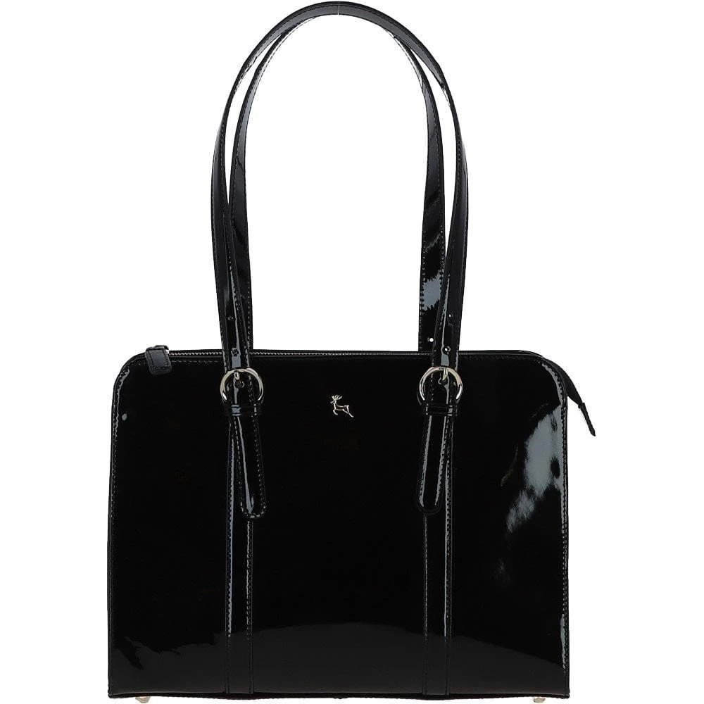 Zip Top Patent Leather Handbag Black: A4 Buckle