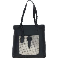 Black Leather Shoulder Bag With Polka Dot Print Pocket: ELA 1128