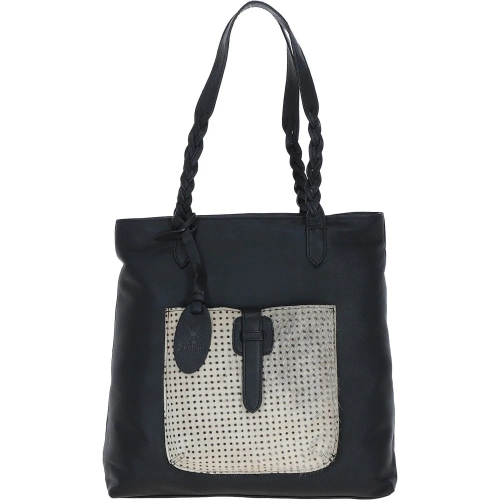 Black Leather Shoulder Bag With Polka Dot Print Pocket: ELA 1128
