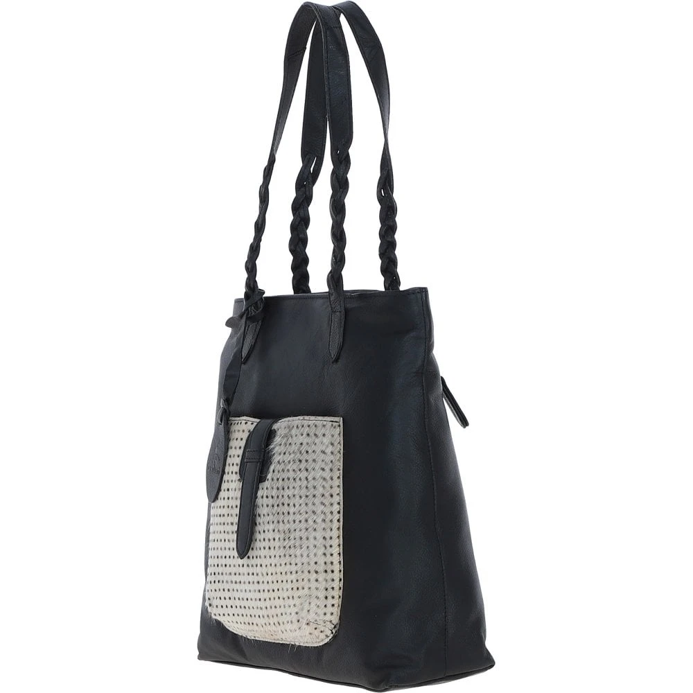Black Leather Shoulder Bag With Polka Dot Print Pocket: ELA 1128 - Image 2