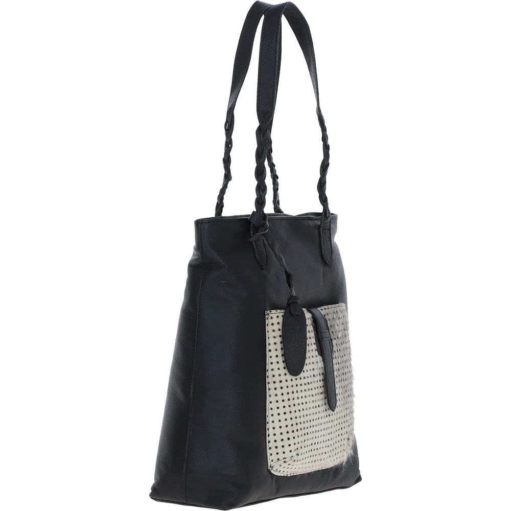 Black Leather Shoulder Bag With Polka Dot Print Pocket: ELA 1128 - Image 4