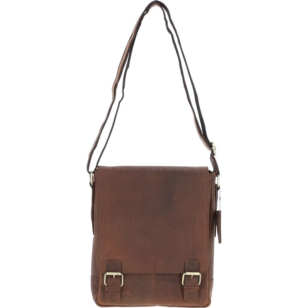 Classic A4 Leather Flap-Over Messenger Bag Brown: Q-43