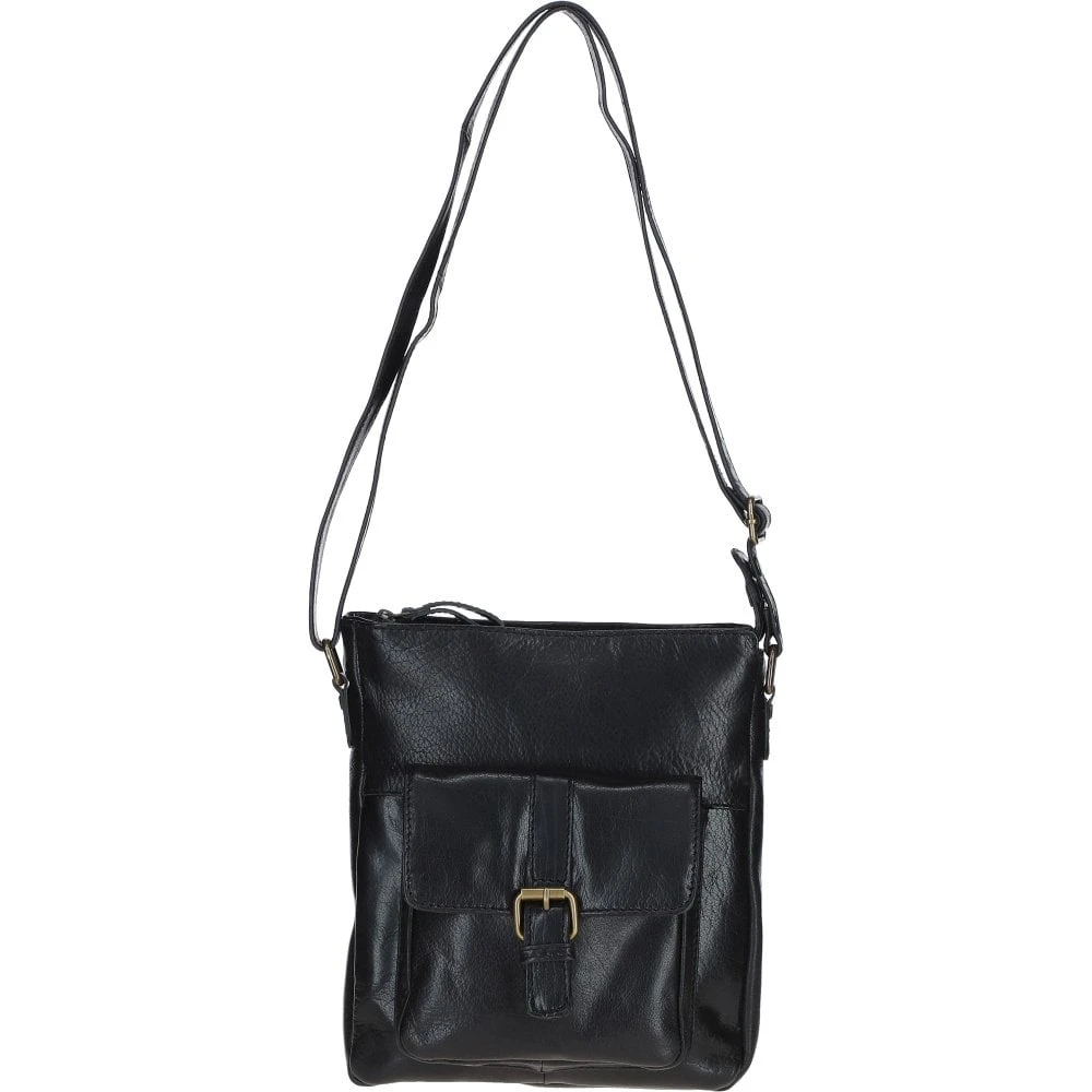 Compact Leather Messenger Bag With Front Buckle Pocket Black: TL-005