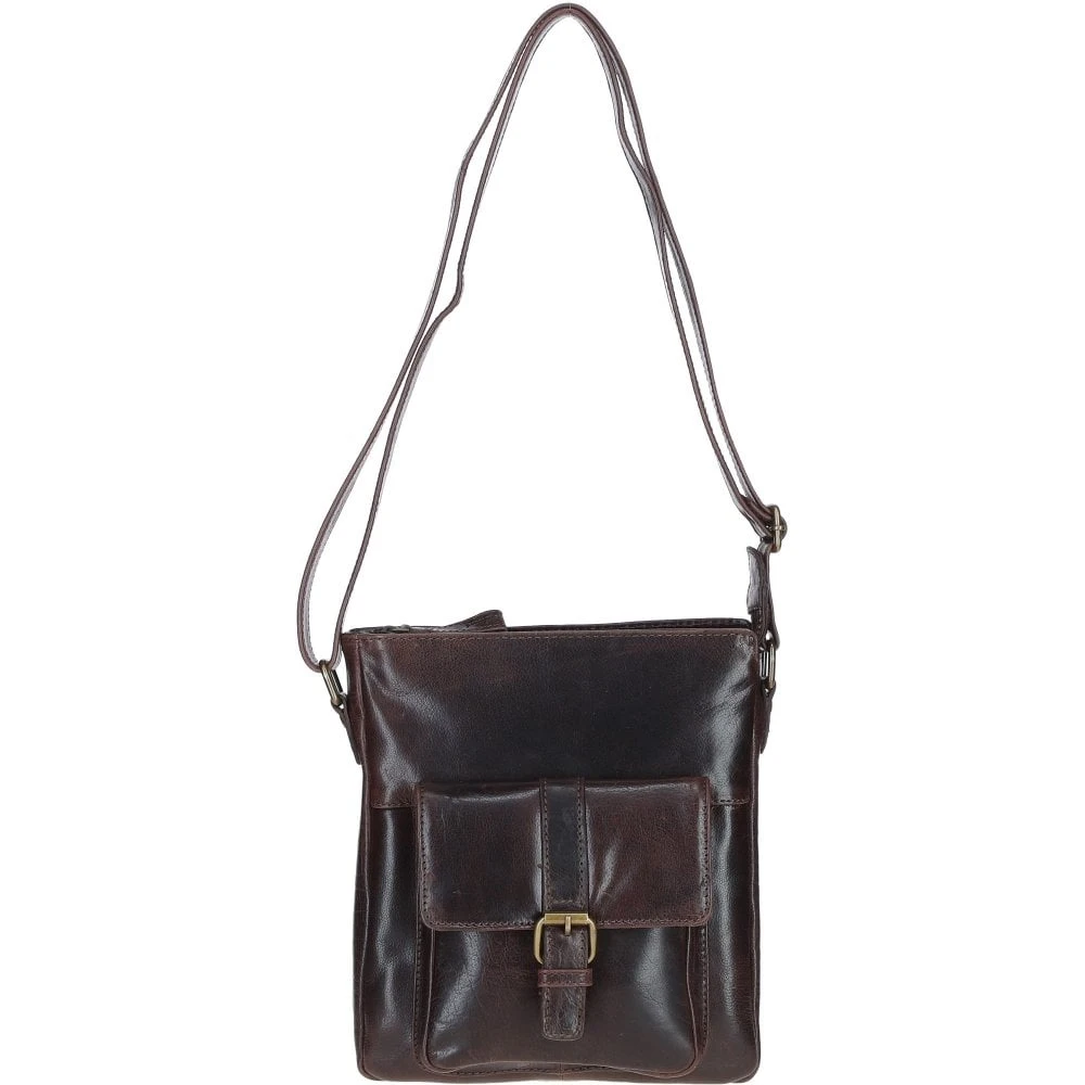 Compact Leather Messenger Bag With Front Buckle Pocket Brown: TL-005