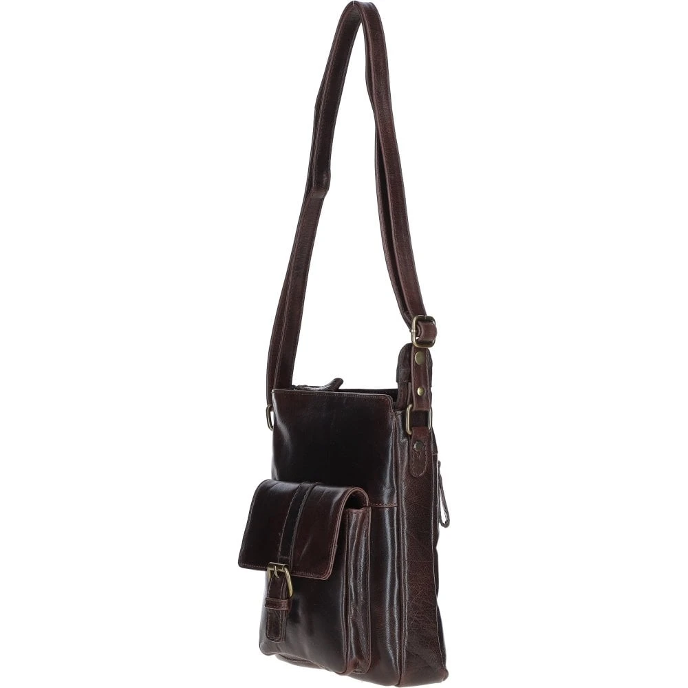 Compact Leather Messenger Bag With Front Buckle Pocket Brown: TL-005 - Image 3