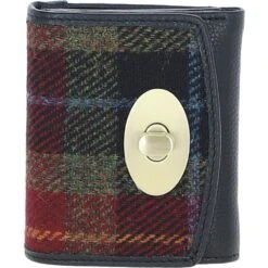 Elegant Leather X Harris Tweed Trifold Twist-Lock Purse Black/Green/Red: TW-10-07-BR