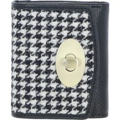 Elegant Leather X Harris Tweed Trifold Twist-Lock Purse Black/White: TW-10-12-BW