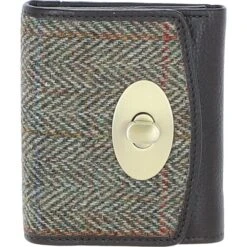 Elegant Leather X Harris Tweed Trifold Twist-Lock Purse Brown/Green: TW-10-09-BG