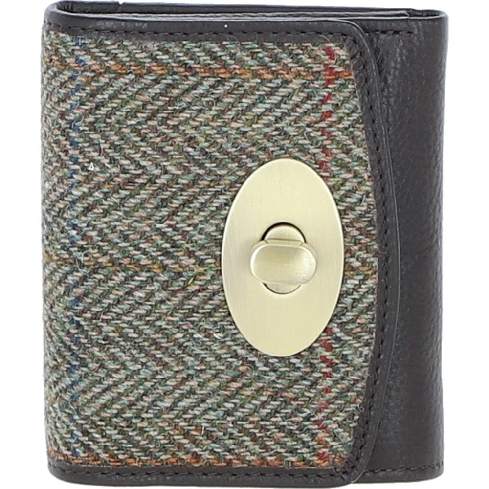 Elegant Leather X Harris Tweed Trifold Twist-Lock Purse Brown/Green: TW-10-09-BG