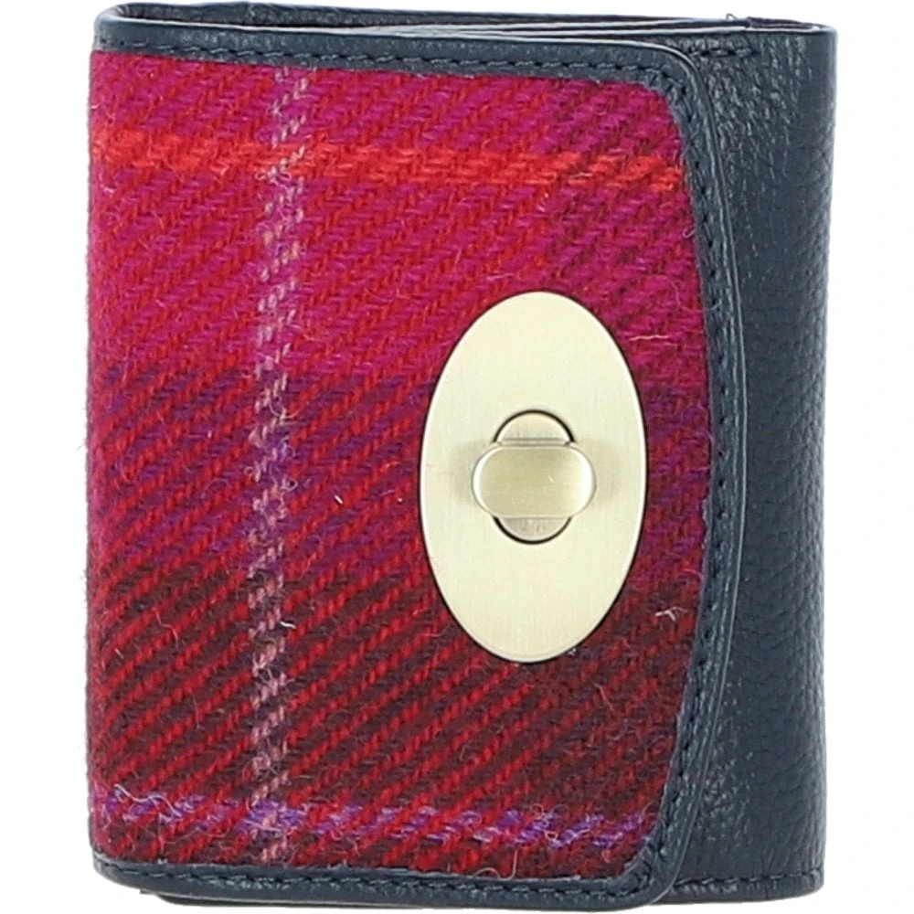 Elegant Leather X Harris Tweed Trifold Twist-Lock Purse Navy/Pink: TW-10-06-NP