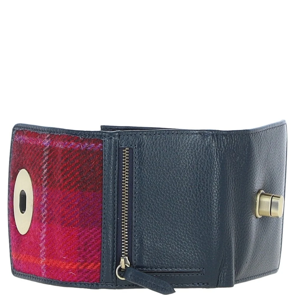 Elegant Leather X Harris Tweed Trifold Twist-Lock Purse Navy/Pink: TW-10-06-NP - Image 6