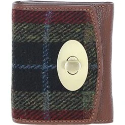 Elegant Leather X Harris Tweed Trifold Twist-Lock Purse Tan/Green/Red: TW-10-08-TR