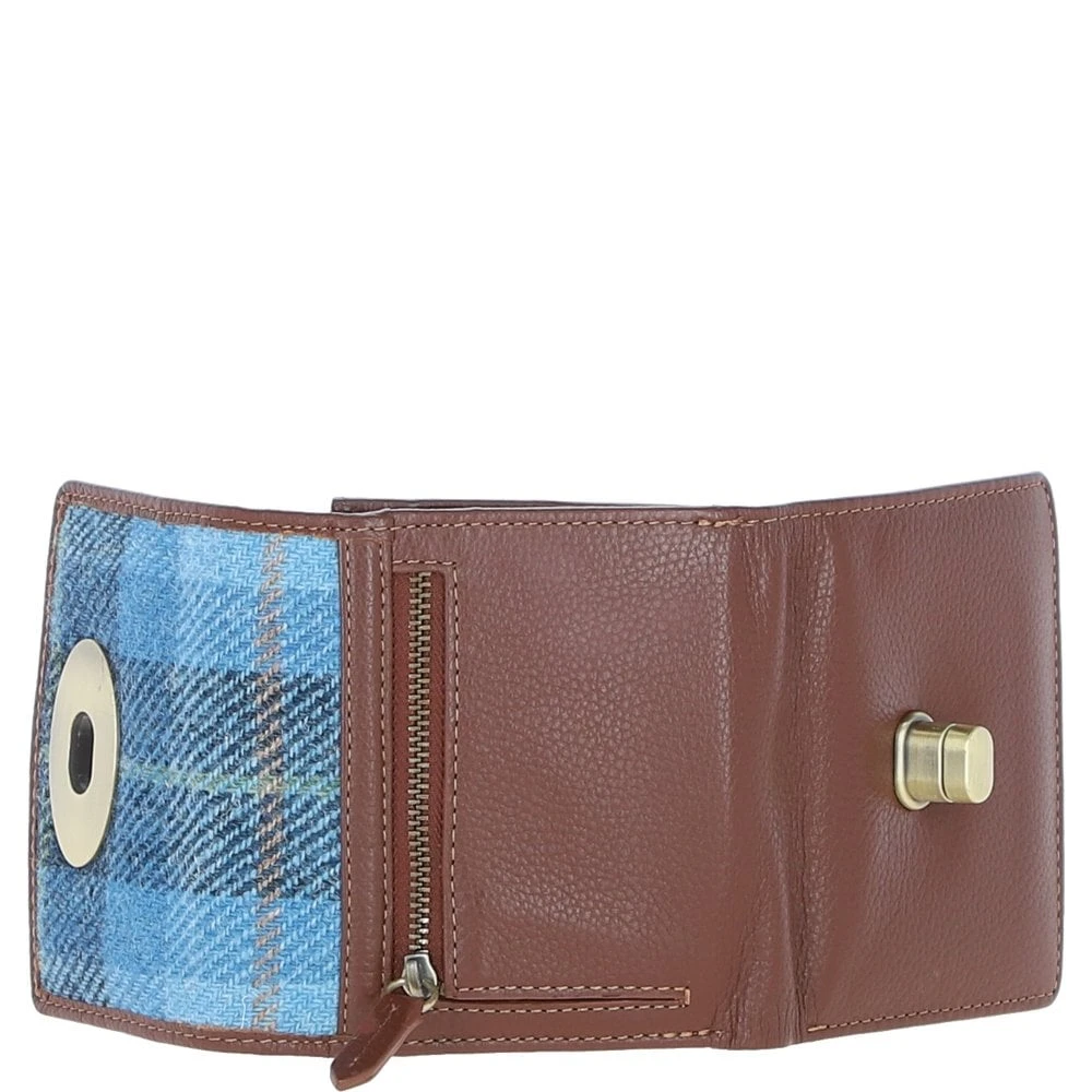 Elegant Leather X Harris Tweed Trifold Twist-Lock Purse Tan/TL Blue: TW-10-05-TB - Image 6