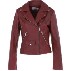 Exquisite Leather Ladies Biker Jacket Burgundy: AWL-1881