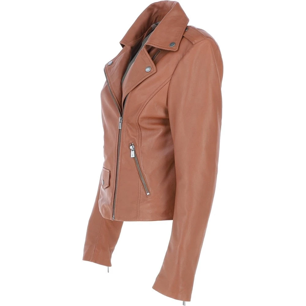 Exquisite Leather Ladies Biker Jacket Tan: AWL-1881 - Image 3