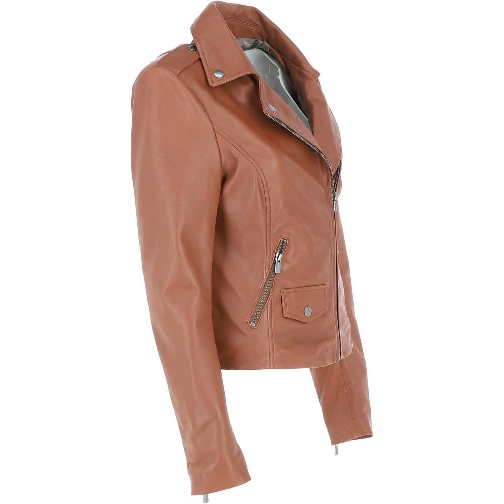 Exquisite Leather Ladies Biker Jacket Tan: AWL-1881 - Image 5