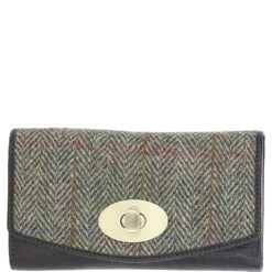 Exquisite Leather X Harris Tweed Twist-Lock Purse Brown/Green: TW-11-09-BG