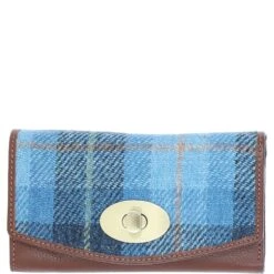 Exquisite Leather X Harris Tweed Twist-Lock Purse Tan/TL Blue: TW-11-05-TB