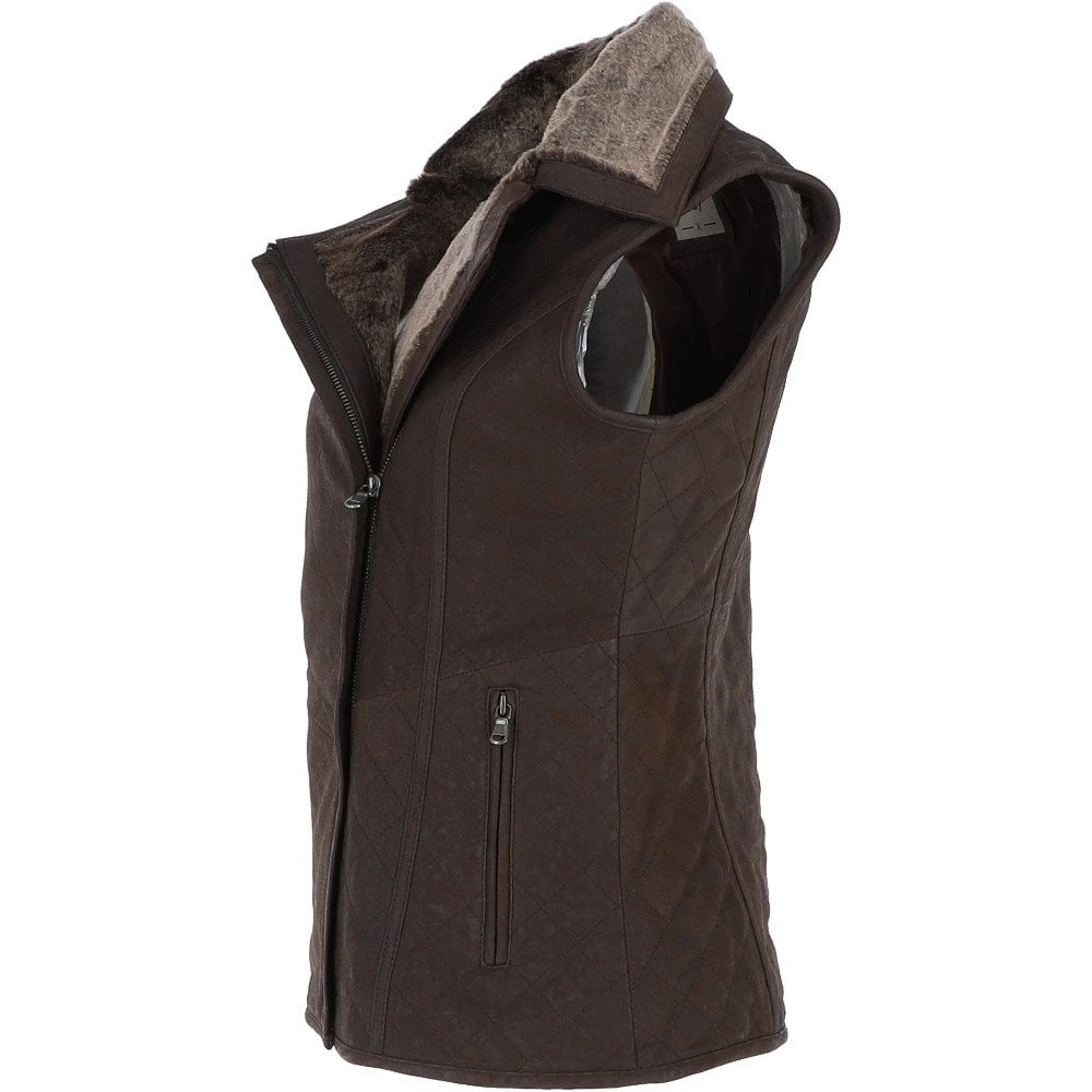 Fitted Leather Gilet With Faux Fur Collar Brown/snu : Cumbria - Image 3