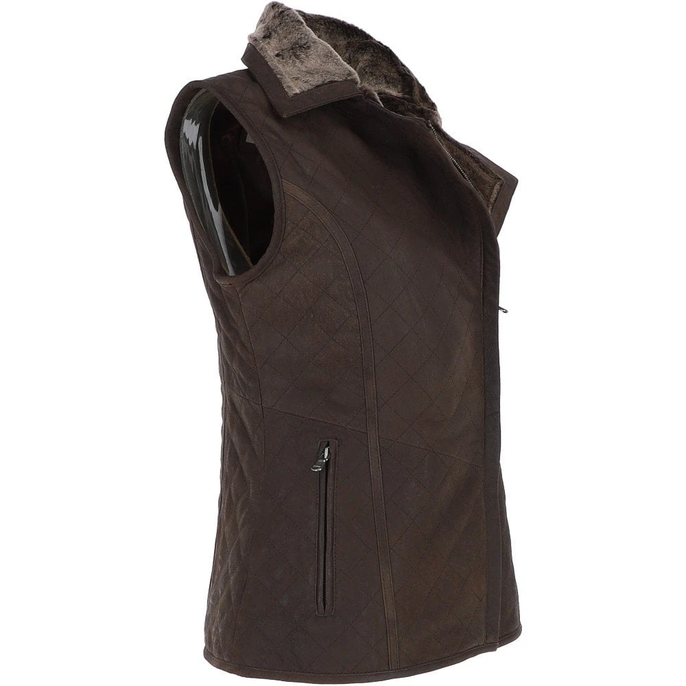Fitted Leather Gilet With Faux Fur Collar Brown/snu : Cumbria - Image 5