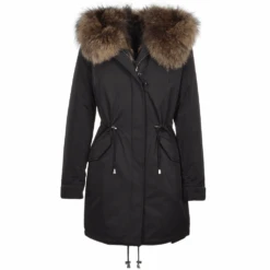 Hooded Fox Fur Parka With Detachable Raccoon Fur Trim Lining Black : Braemar