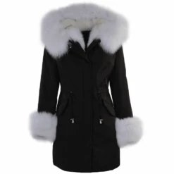 Hooded Toscana Tipped Fur Parka With Detachable Fur Trim Lining Black/white : Kaylee