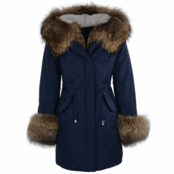 Hooded Toscana Tipped Fur Parka With Detachable Fur Trim Lining Blue/brown : Kaylee
