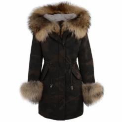Hooded Toscana Tipped Military Parka With Detachable Fur Trim Lining Khaki Green/ Brown : Kaylee