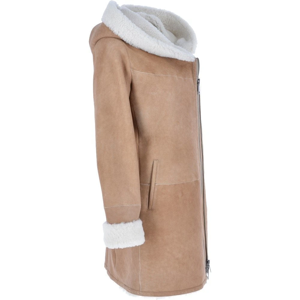Ladies Hooded Sheepskin Coat Tan : Amber - Image 4
