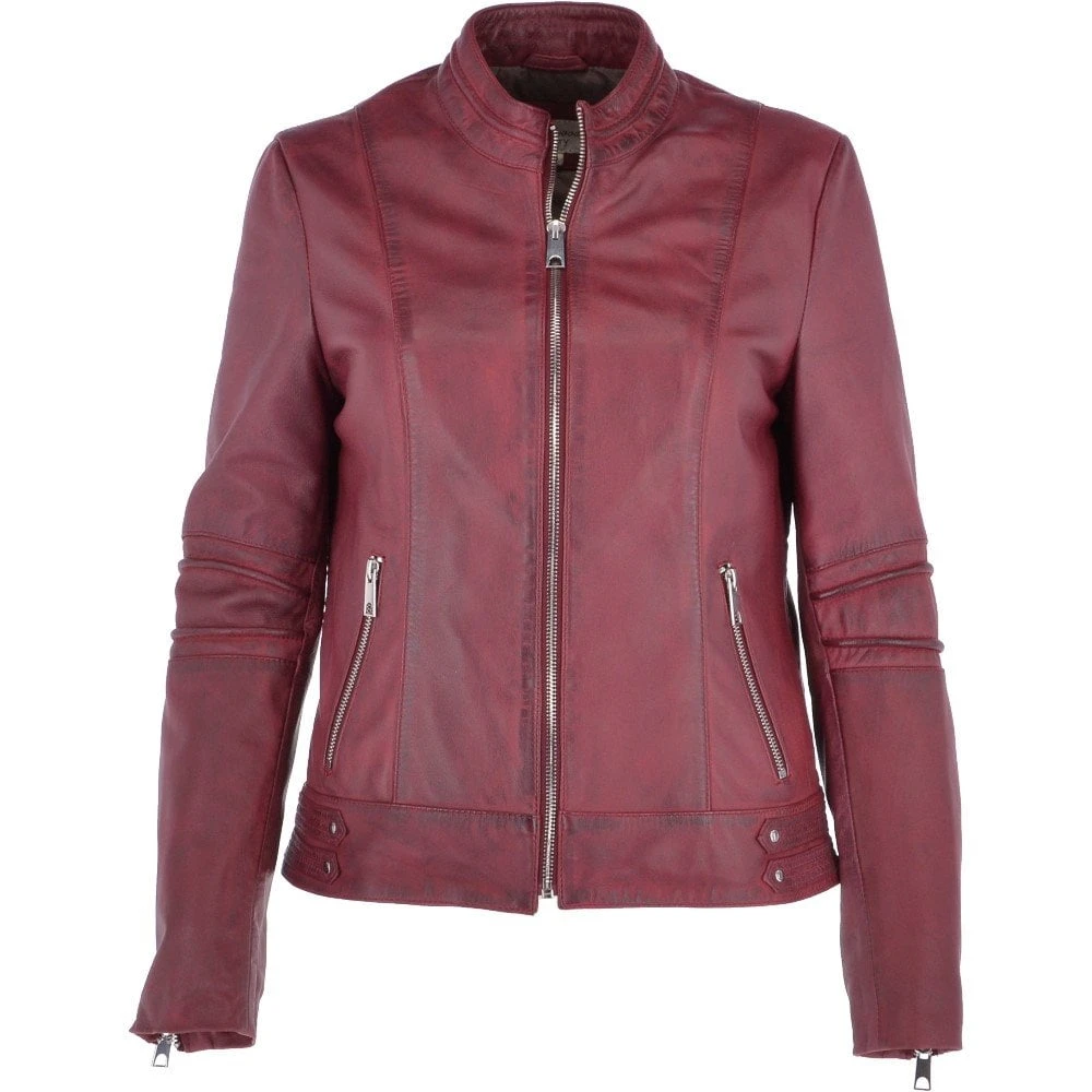 Ladies Leather Biker Jacket Bordeaux : Lillian