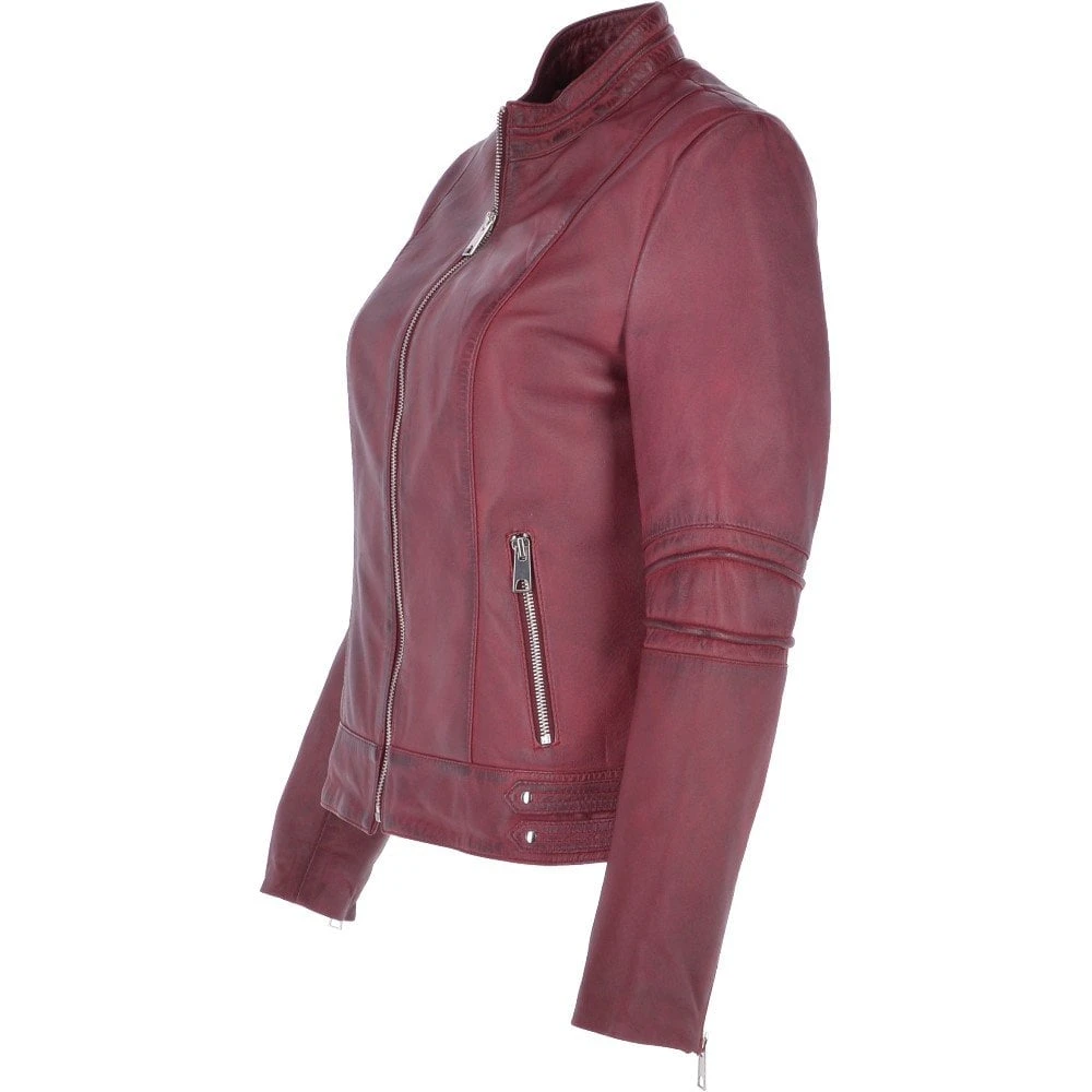 Ladies Leather Biker Jacket Bordeaux : Lillian - Image 2