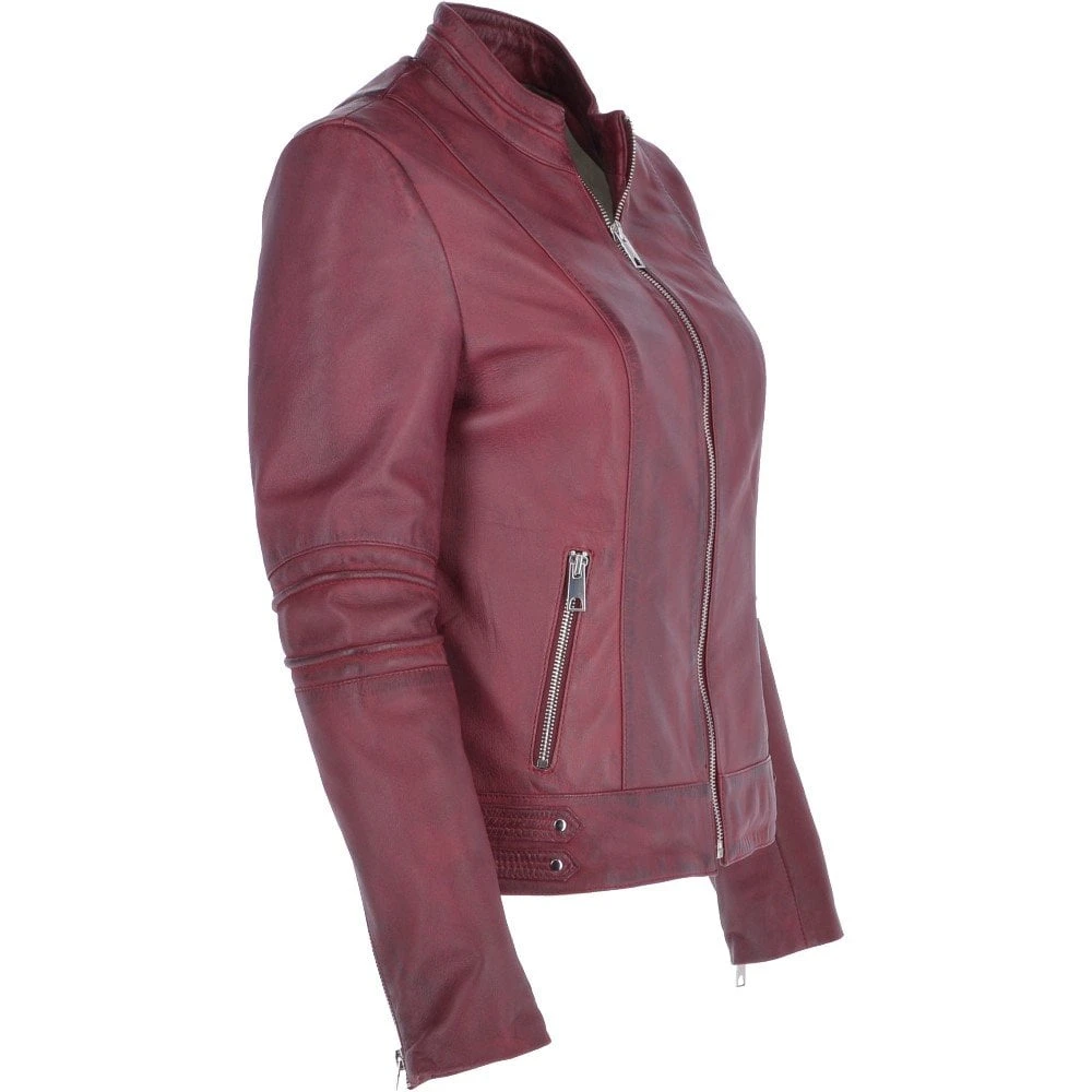 Ladies Leather Biker Jacket Bordeaux : Lillian - Image 4