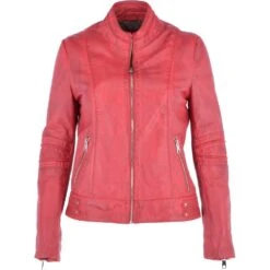 Ladies Leather Biker Jacket Raspberry : Lillian