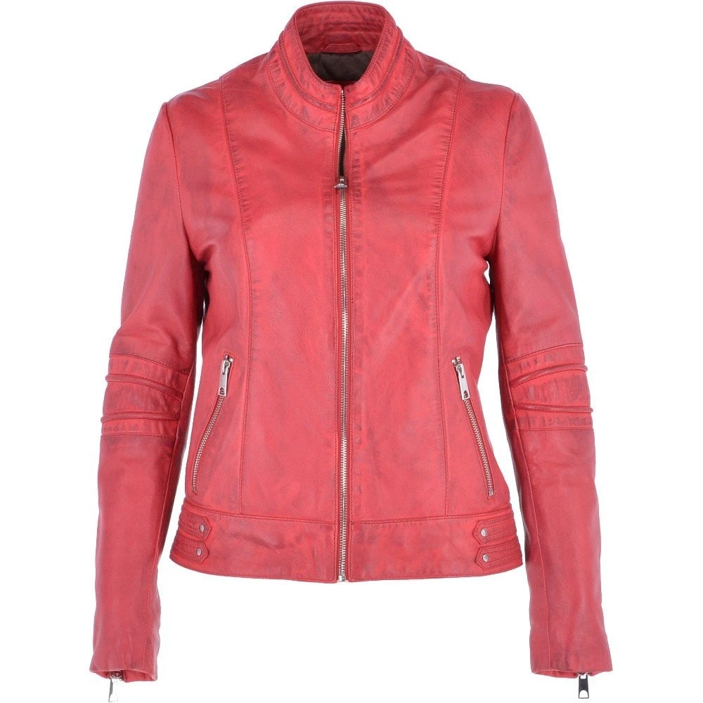 Ladies Leather Biker Jacket Raspberry : Lillian
